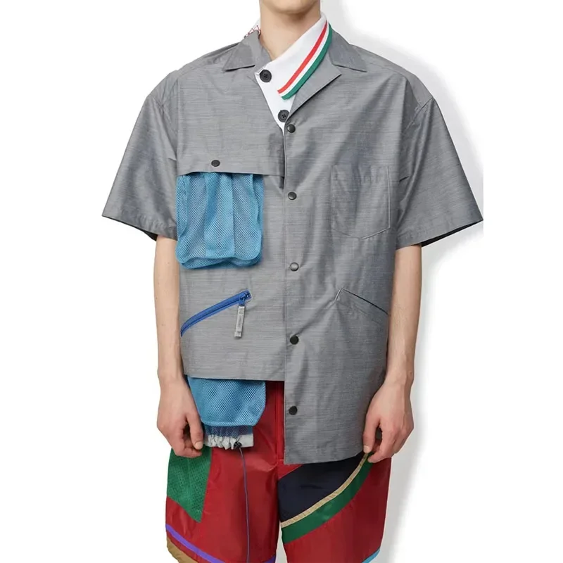23SS KOLOR Abe Runyi японская двухцветная рубашка с нерегулярными лацканами свободная