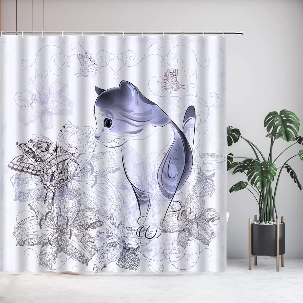 

Cute Cat Shower Curtain Purple Floral Butterfly Funny Animal Pet Garden Blooming Flower Dreamy Abstract Sketch Hand-Painted Line