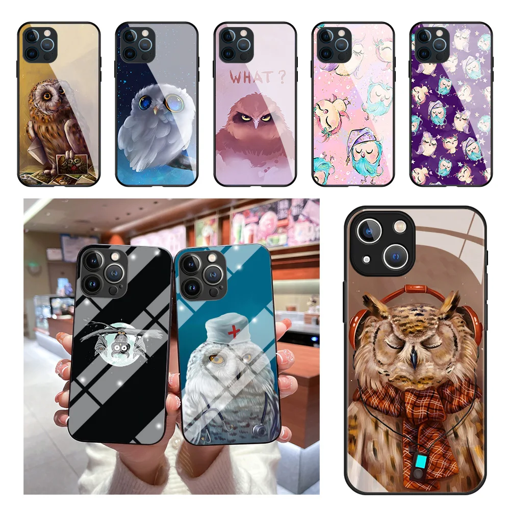 

Phone Case For iPhone 14Pro 11 12 13 Pro Max XR SE X XS Mini 7 8 14 Plus Tempered Glass Cute Owl Cartoon Black Shell Cover Funda