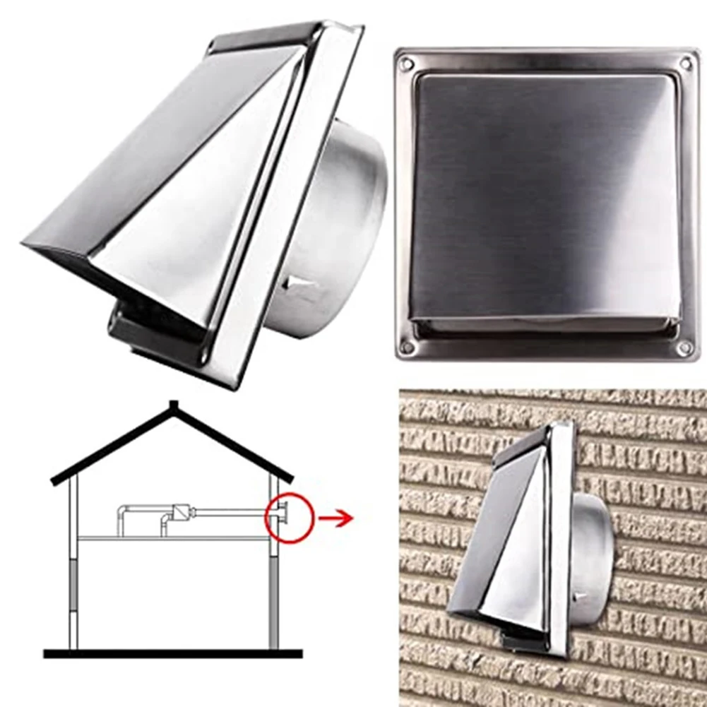 

100mm Wall Air Vent Extract Valve Grille Ducting Cover Ventilation Outlet Silver Stainless Steel Square Hood Air Outlet Cap