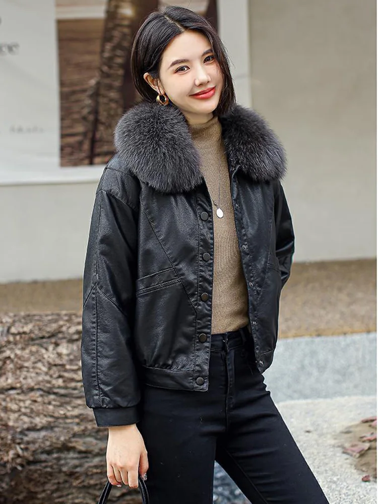 New Women Plus Velvet Lining Leather Jacket Autumn Winter Casual Fashion Fur Collar Loose Short Motorbiker Coat Split Leather