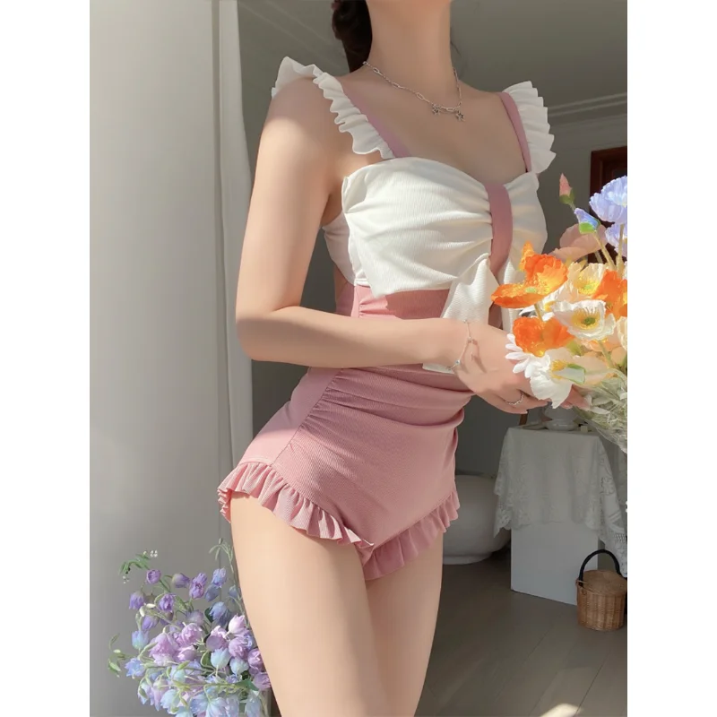 

One-piece Swimsuit Female Korea Japan Style Small Fresh Pure Desire Cover Belly High Waist Cute Sexy Inswind Hot Spring Holiday