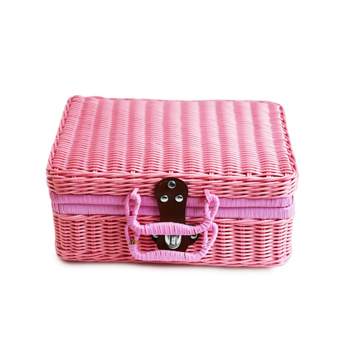 

Retro Imitation Rattan Picnic Basket Woven Suitcase Hand Woven Photography Props Storage Pink