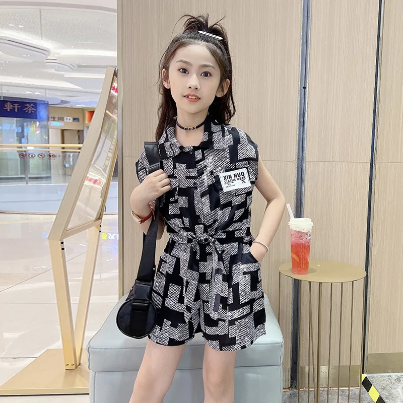 

2022 summer kid Baby Girls Clothes teenager checked Serpentine t shirt + bow shorts hot pant Toddler 4 5 6 7 8 9 10 11 12 years