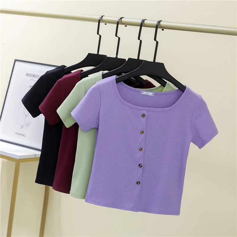 

Женская хлопковая облегающая футболка, шикарный укороченный топ в полоску с квадратным воротником, однотонный приталенный Повседневный То...