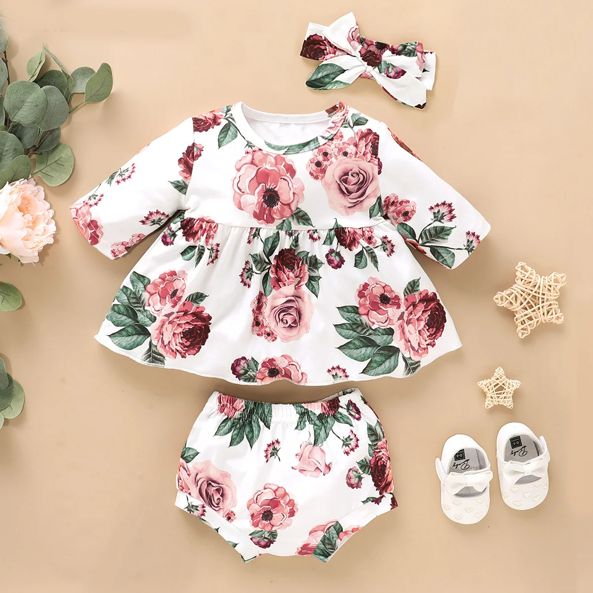 

kids cheap costumeGirls' spring autumn new long sleeved rose printed + shorts three piece suit