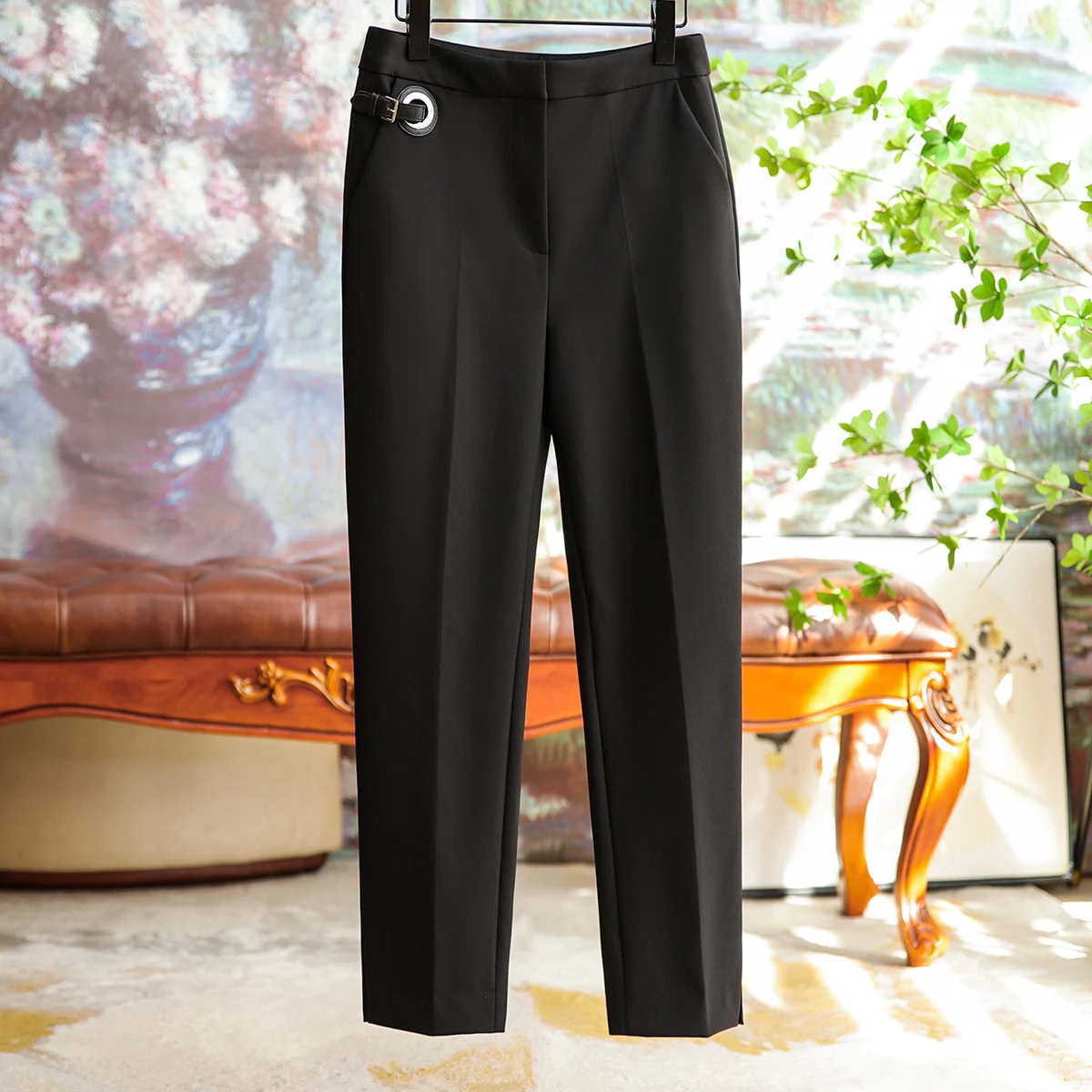 

Сотни кожаных брюк с завышенной талией средней длины, женские черные летние простые модные брюки с пряжкой, деловые Пригородные брюки, новинка 2023