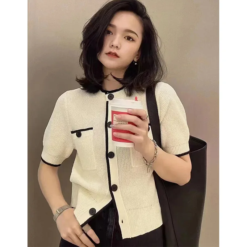

2023 Spring and Summer New Beige Contrast Black Edge Thin Knitted Women Cardigan
