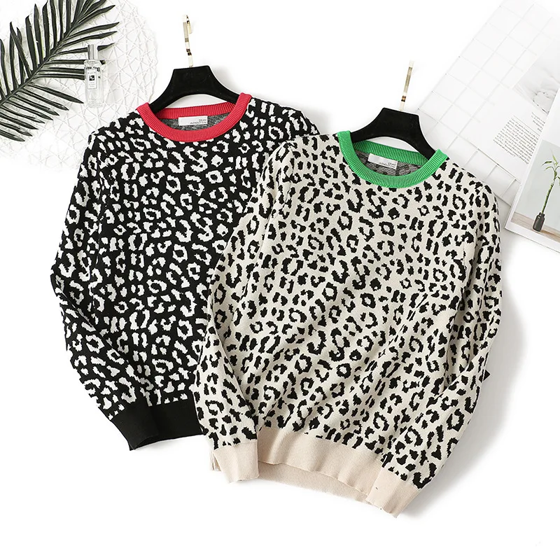 

CNACNOO New Autumn Winter Women Sweaters Leopard Knitted Pullovers Long Sleeve Contrast Color Crewneck Jumpers y2k sweater