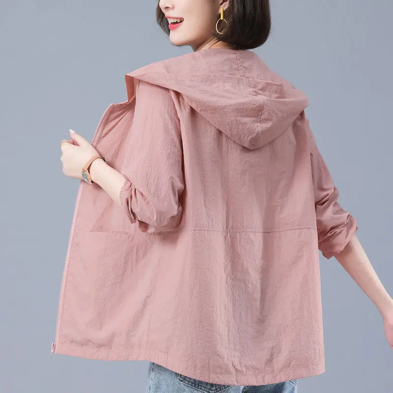 

Pink Hooded Summer Coat Women's Anti-UV Thin Sunscreen Clothing Long-Sleeved Mid-length Jacket Femme Big Size Zipper Tops A246