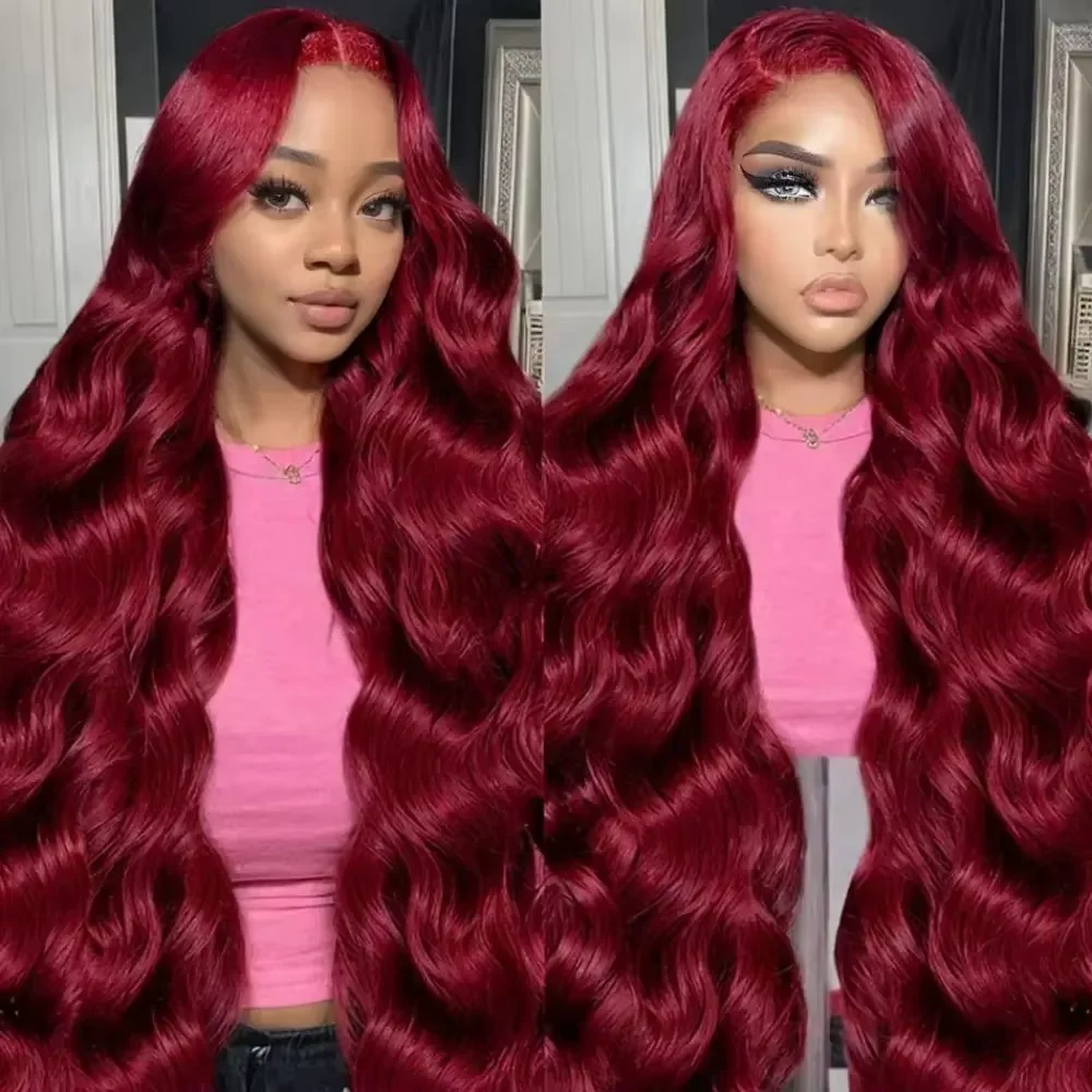 99J Burgundy Body Wave Wig 13x4 13x6 HD Lace Human Hair Front Pre Plucked 200 Density Red Colored Frontal Curly Wigs For Women