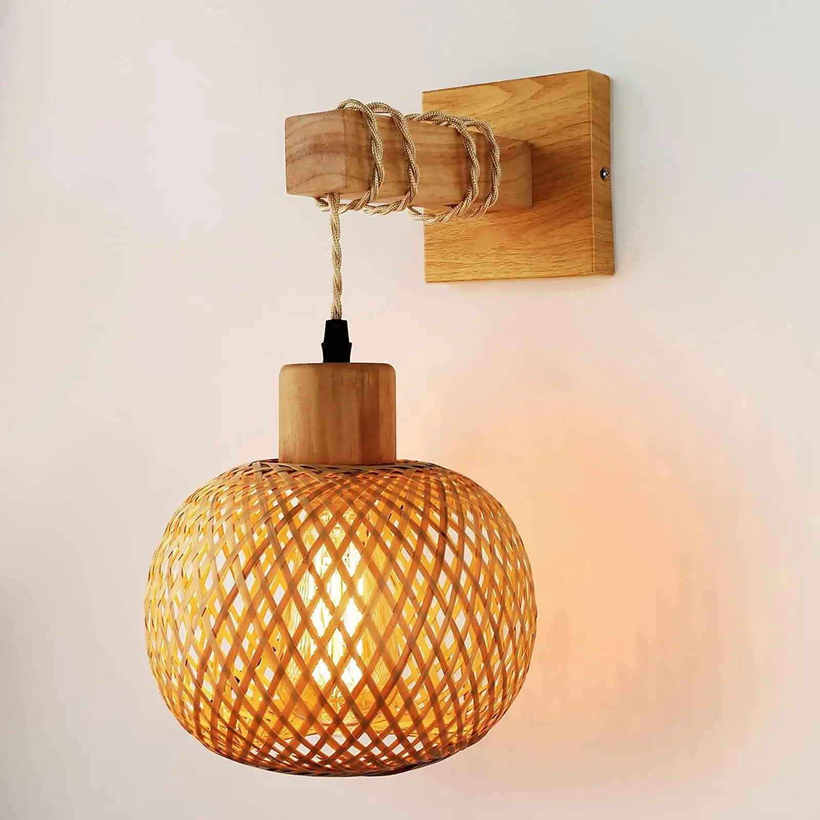 

Rattan Wall Sconce Handmade Bamboo Woven for Living Room Bedroom Bedside
