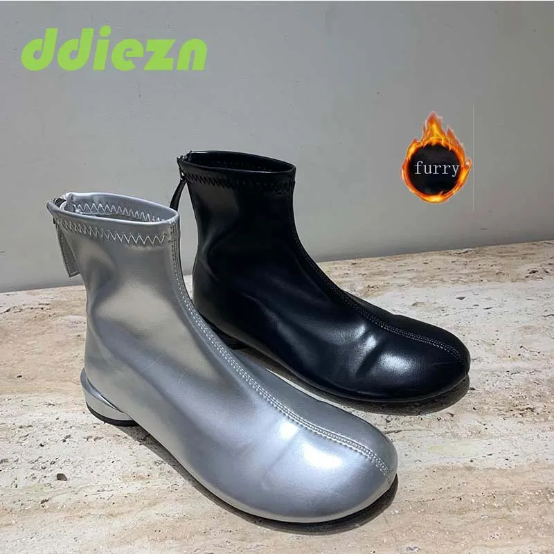 

Ботинки женские короткие стрейчевые, плоская подошва, модная обувь с круглым носком, пушистые ботильоны, Осень-зима