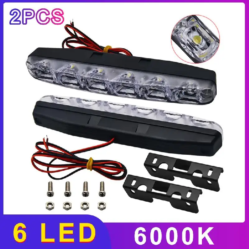 

2pcs LED Car Daytime Running Lights Super Bright 6 LEDs Dc 12V 6000K Automobile Light Source Waterproof Enhance Driving Safety