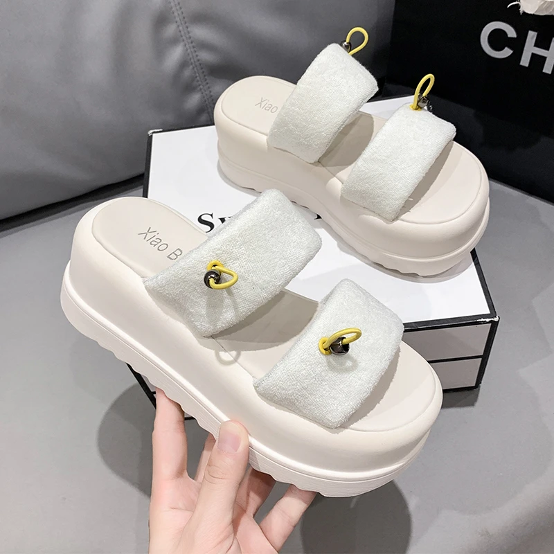 

Summer Chunky Sandals Women's Thick Bottom Wedge Heels Slides 8CM High Heels Platform Leather Casual Beach Flip Flops Woman