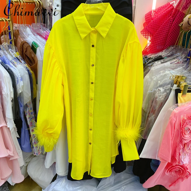 

European Feather Tassel Cuff Lantern Sleeve Lapel Shirt Fashion Single-Breasted Mid-Length Chiffon Women's Blouse 2022 Summer