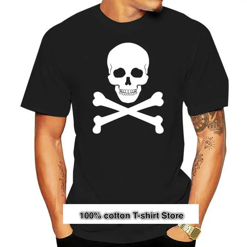 

Camiseta con estampado de calavera y huesos cruzados para hombre, camisa de cuello redondo negro inspirado en pirata