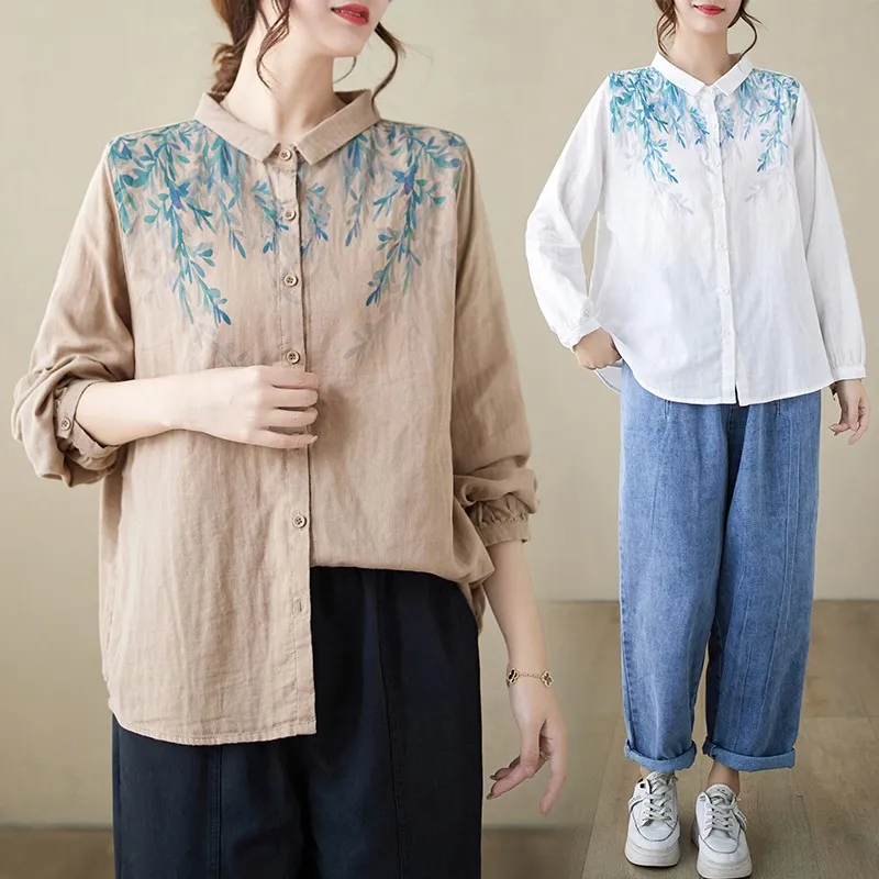 Блузка женская однобортная свободного кроя рубашка из хлопка и льна с винтажным