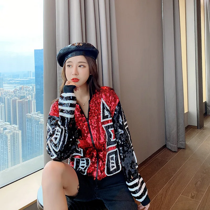 

Женская Повседневная куртка в стиле хип-хоп, уличная одежда, весенне-осенняя разноцветная куртка на молнии с длинным рукавом и принтом в виде букв и блесток