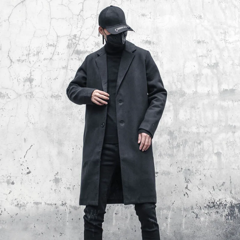 Мужское шерстяное пальто до колен PFNW черное однобортное утепленное с