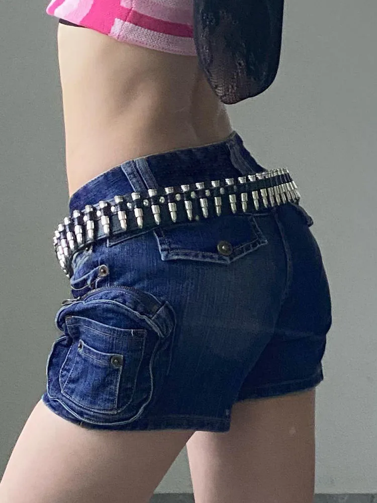 Rockmore Low Waist Mini Jeans Shorts Y2K Street Skinny Sexy Hot Denim Shorts Summer Chic Slim Pockets Cargo Pants Korean Bottoms