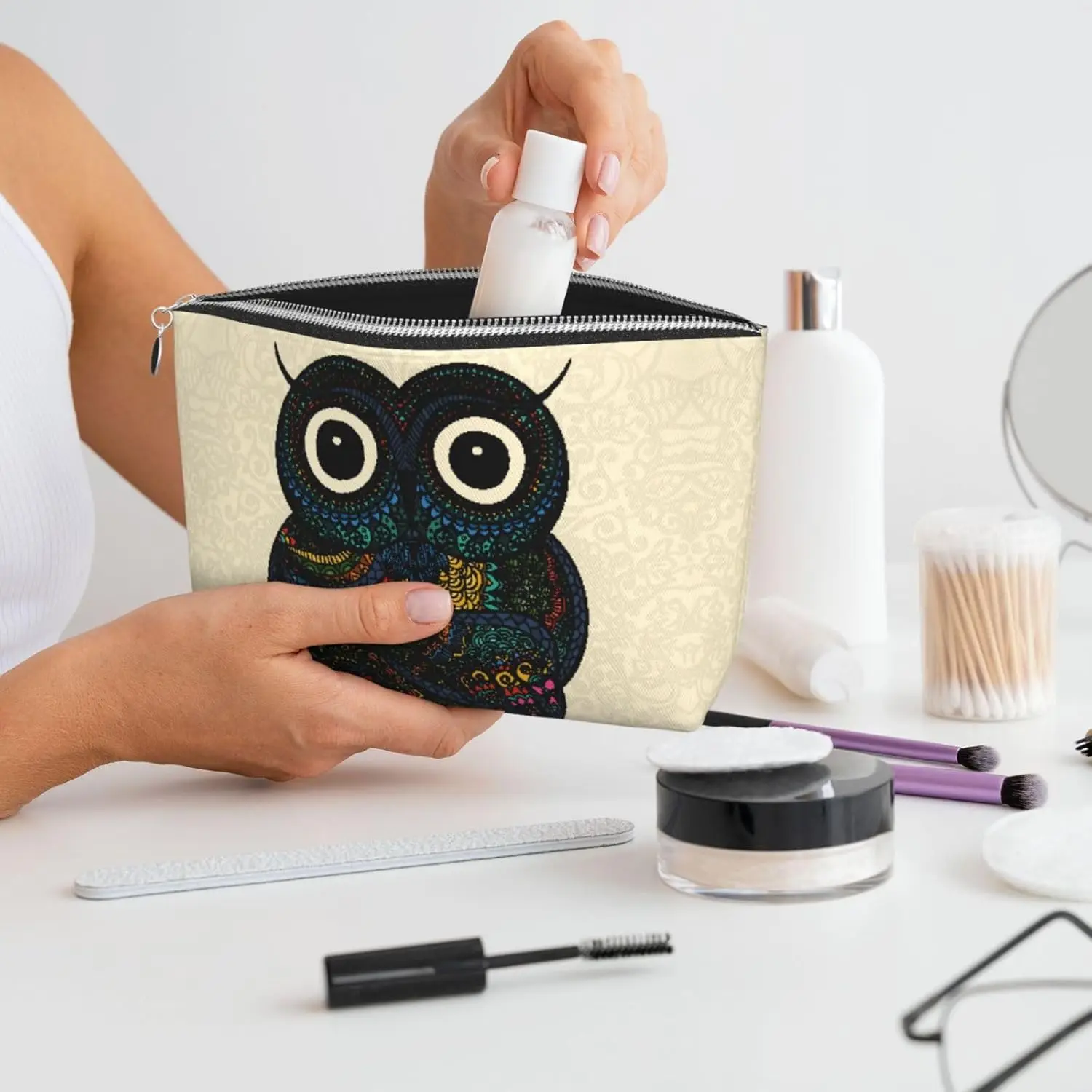 Сова с мандалой косметичка женские дорожные туалетные принадлежности кожаная
