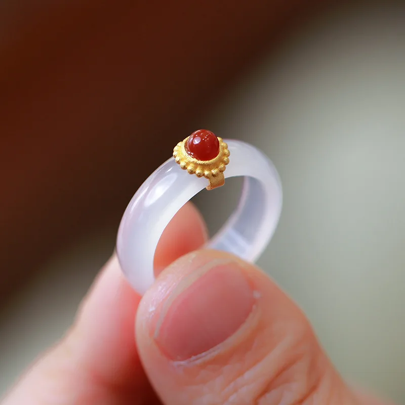 

Natural White Jade Ring S925 Silver Inlaid Red Agate Female Exquisite Retro Ethnic Jewelry National Style Hanfu Accessories