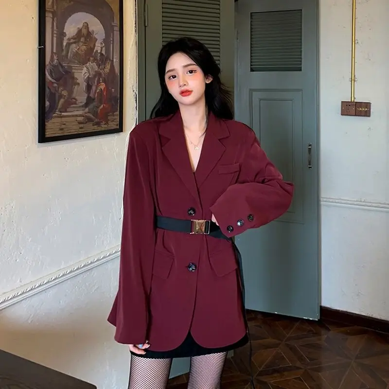 

Burgundy Vintage Blazer with Belt Women Notched Collar Long Sleeve Korean Chic Jackets Casual Female Single Breasted Outerwears