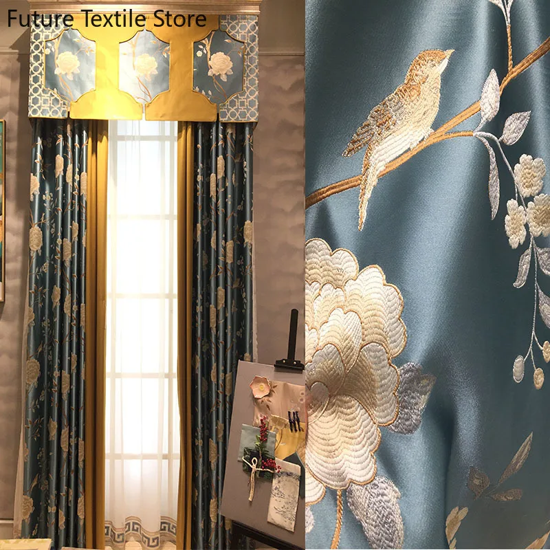 

High-end New Chinese Style Jacquard Imitation Luster Stitching Blackout Curtains for Living Room Bedroom Finished Valance