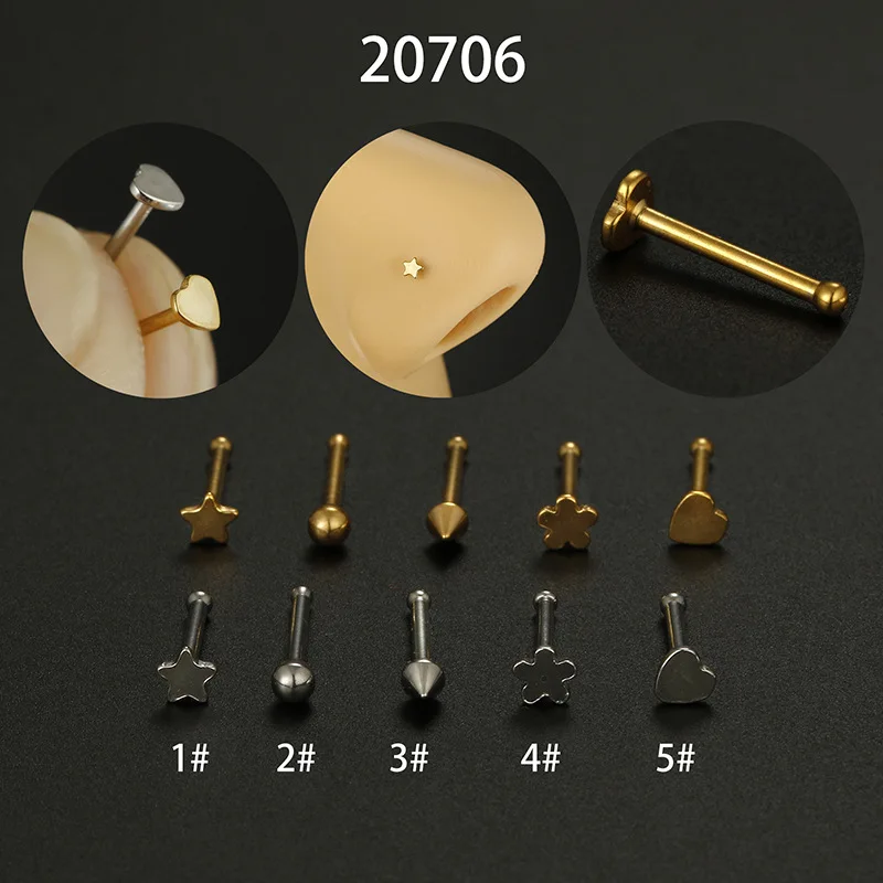 

New 1PC 20G Stainless Steel Straight Rod Nose Studs Flower Star Heart Small Nose Stud for Women Fashion Nose Piercing Jewelry