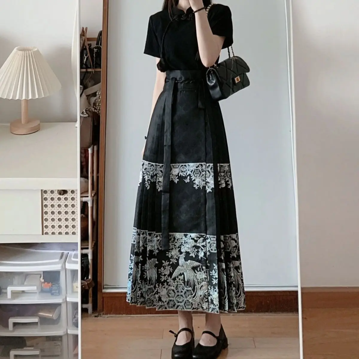 

Плиссированная юбка в китайском стиле для женщин, черная тонкая модная универсальная длинная юбка Mamianqun Hanfu «сделай сам» на шнуровке, женская одежда