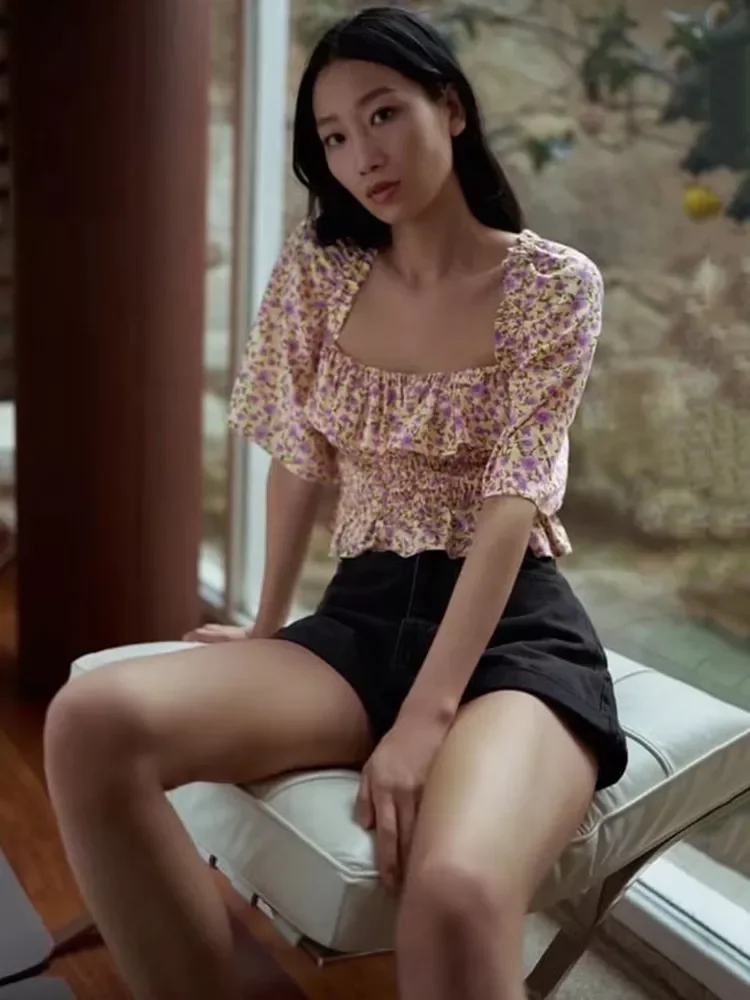 

Женская укороченная блузка с цветочным принтом, универсальная рубашка с квадратным вырезом и коротким рукавом, лето 2022