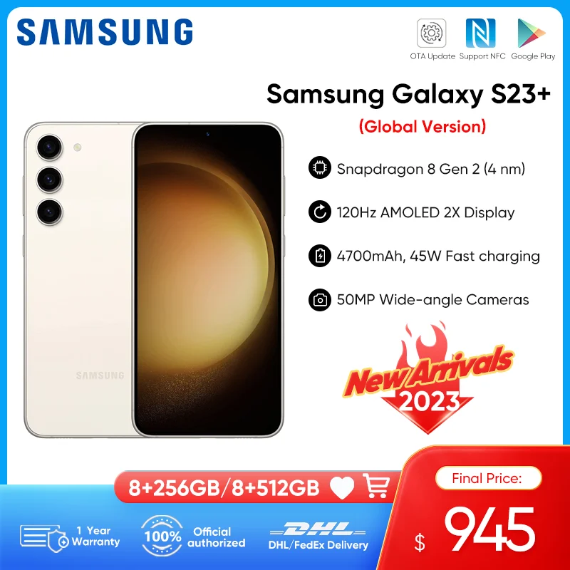 Enlarge 2023 Original Samsung Galaxy S23 Plus 5G Smartphone Snapdragon 8 Gen 2 120Hz AMOLED 2X Display 256GB/512GB Android13 Phone