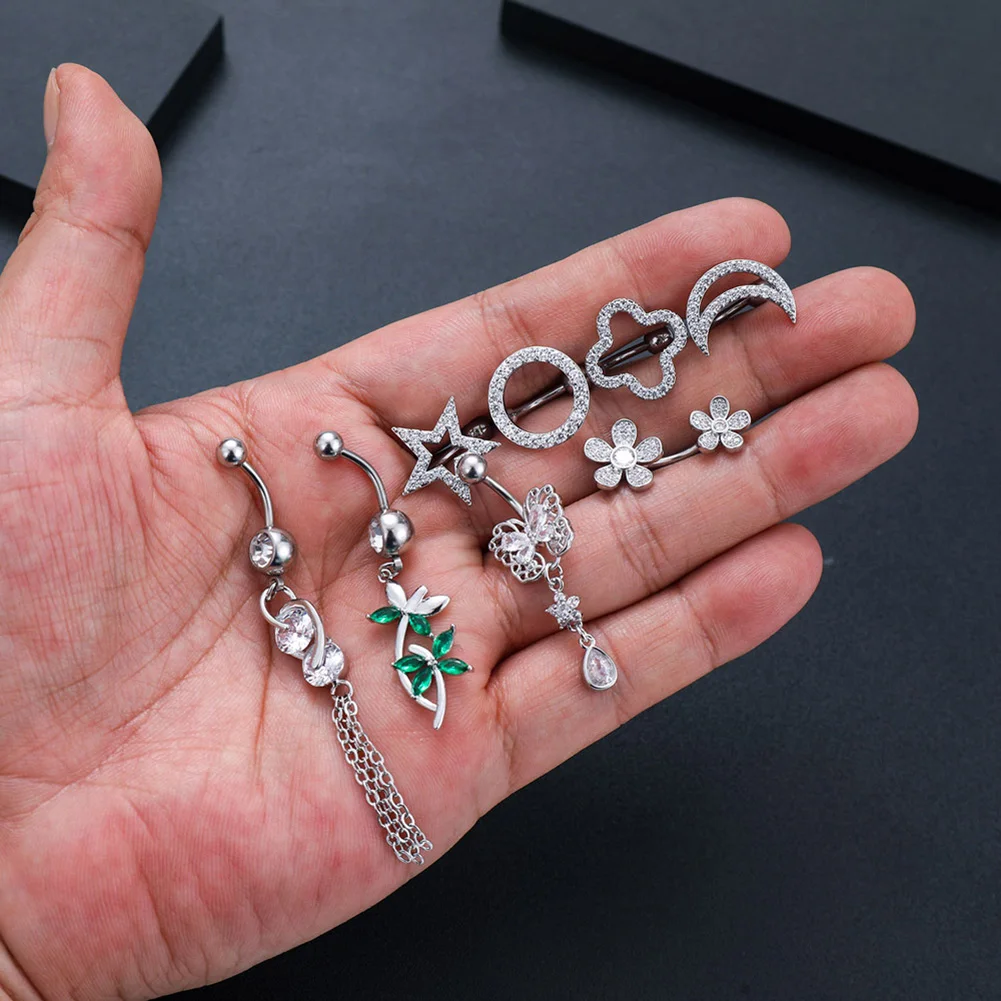 

1pc Surgical Steel Crystal Zircon Flower Heart Leaf bow-knot Dangle Button Navel Piercing Ring Belly Ring Body Jewelry