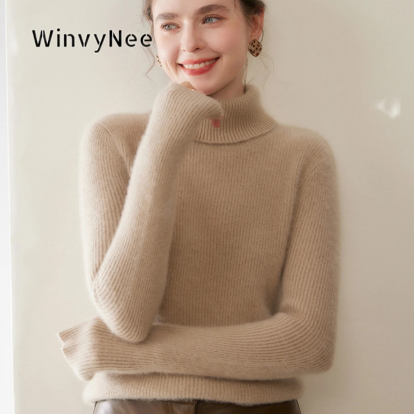 Фото Женский кашемировый свитер-гольф WinvyNee с плотной вязкой в рубчик, теплый, шелковистый на ощупь, подчеркивающий фигуру, премиум-класса, вязаный пуловер A1054083 №2