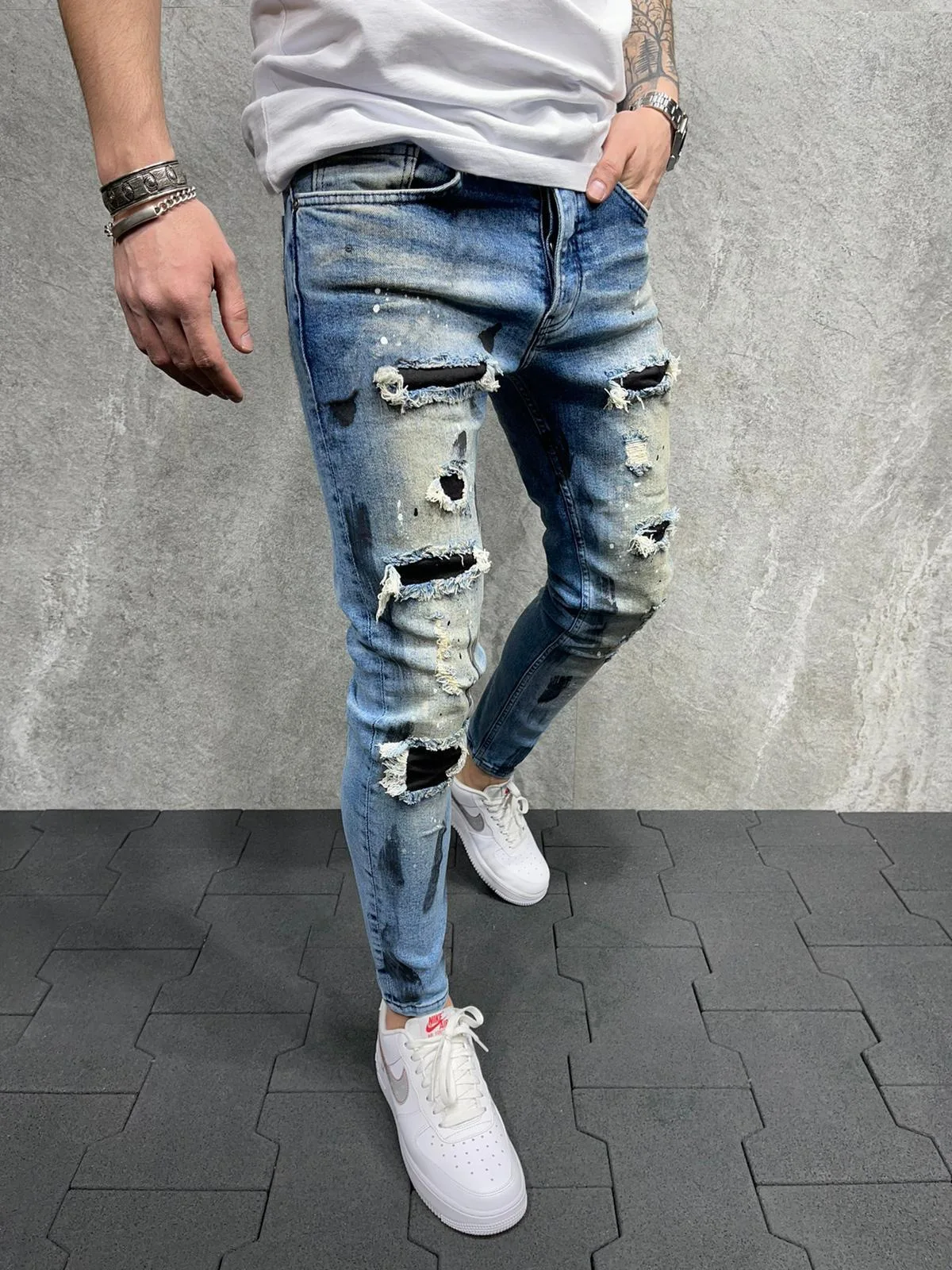 New Mens Jeans Slim Hole New Paint Cowboy Mens Denim Pants