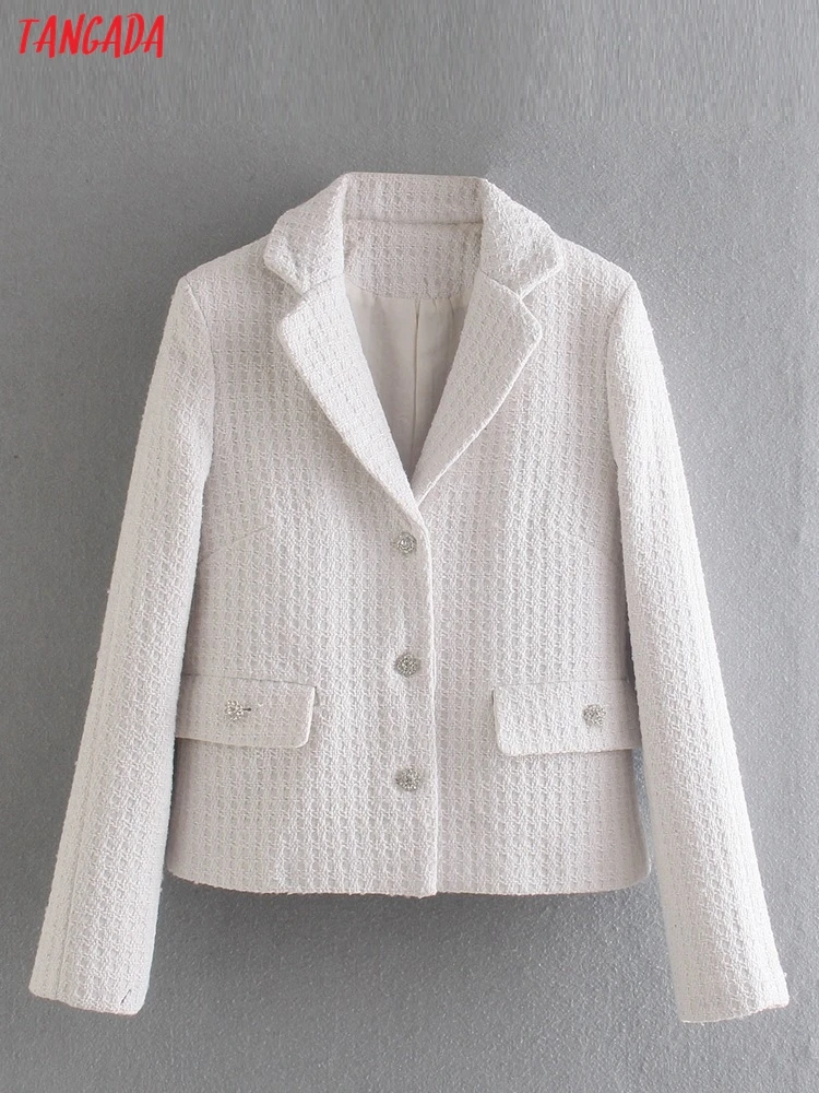 

Tangada Women Solid Tweed Blazer Coat Vintage Notched Collar Pocket Fashion Female Casual Chic Tops QD118