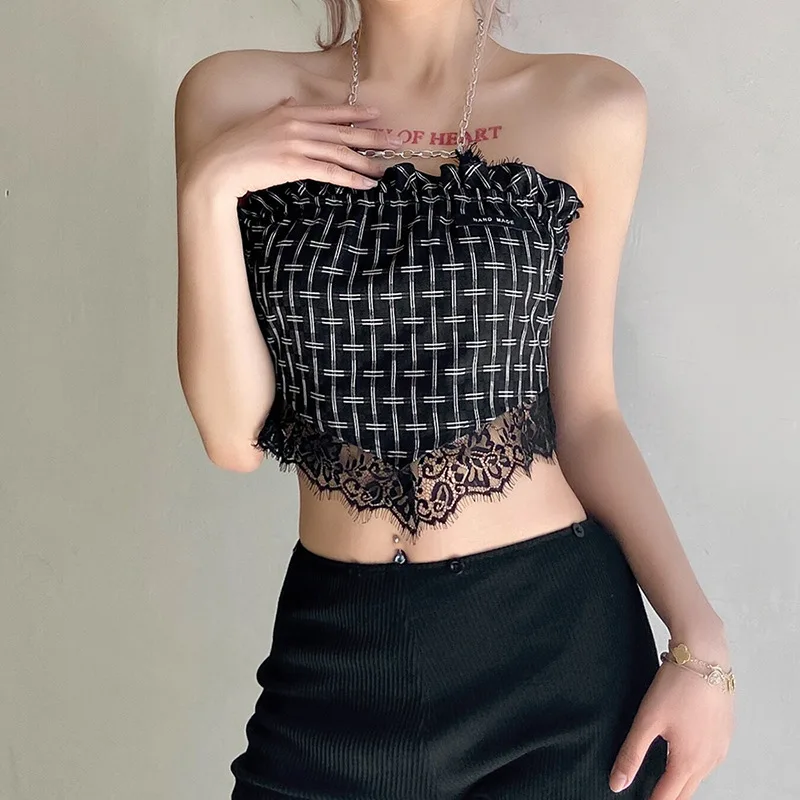 

Fashion 2021 Summer Women's New Sexy Chain Halter Neck Slim Fit Y2k Gothic Top Lace Halter Back Nude Sexy Vest Women Clothes