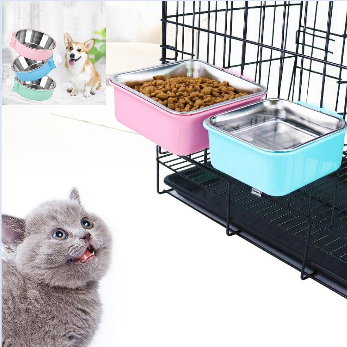 

Hanging Stainless Steel Double Pet Bowl Pet Food Dispenser for Cat Food Plate for Dog Cat Elevated Feeder Cats Pet Supplies