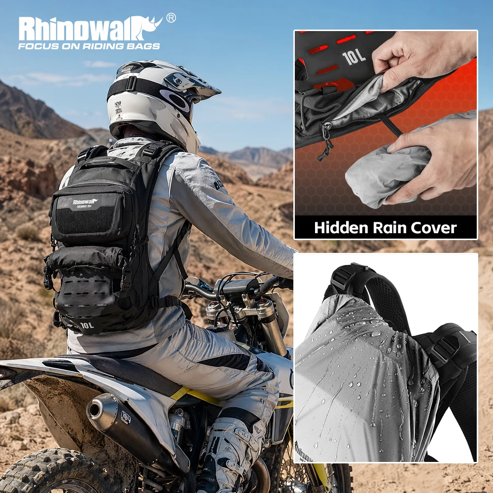Фото Водонепроницаемый мотоциклетный рюкзак Rhinowalk 10 л, тактическая сумка для снаряжения со скрытым дождевиком, защитной задней панелью и системой MOLLE для езды №1