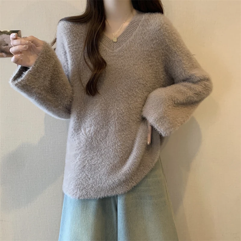 Большой размер норковый свитер с v-образным вырезом для полных девочек женский