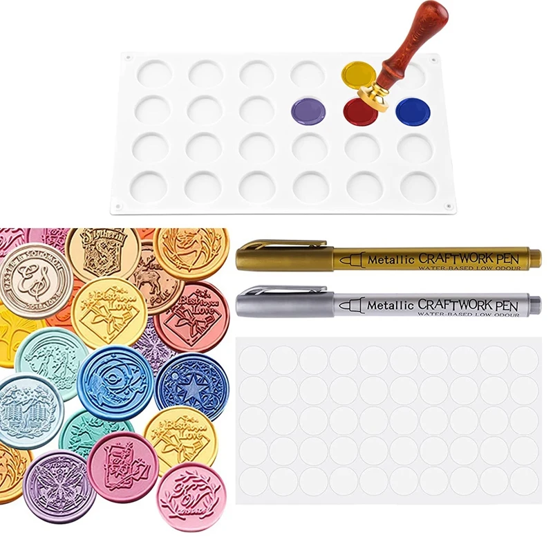 

24 Cavities Silicone Pad/Mat For Wax Seal Stamp, With 50 Pcs Double-Sided Adhesive Dots For DIY Craft Adhesive Waxing