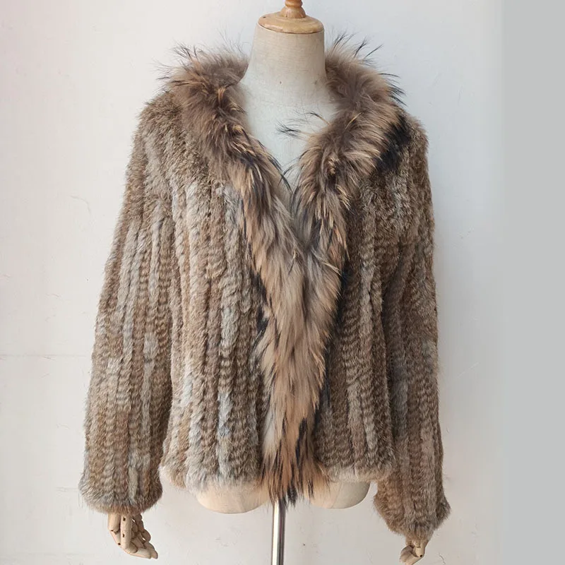 Осень-зима свободное тканое пальто из натурального кроличьего меха для женщин