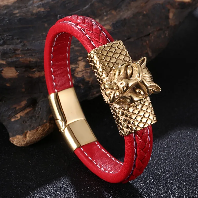 

Мужской кожаный браслет в стиле панк, золотистый браслет из нержавеющей стали