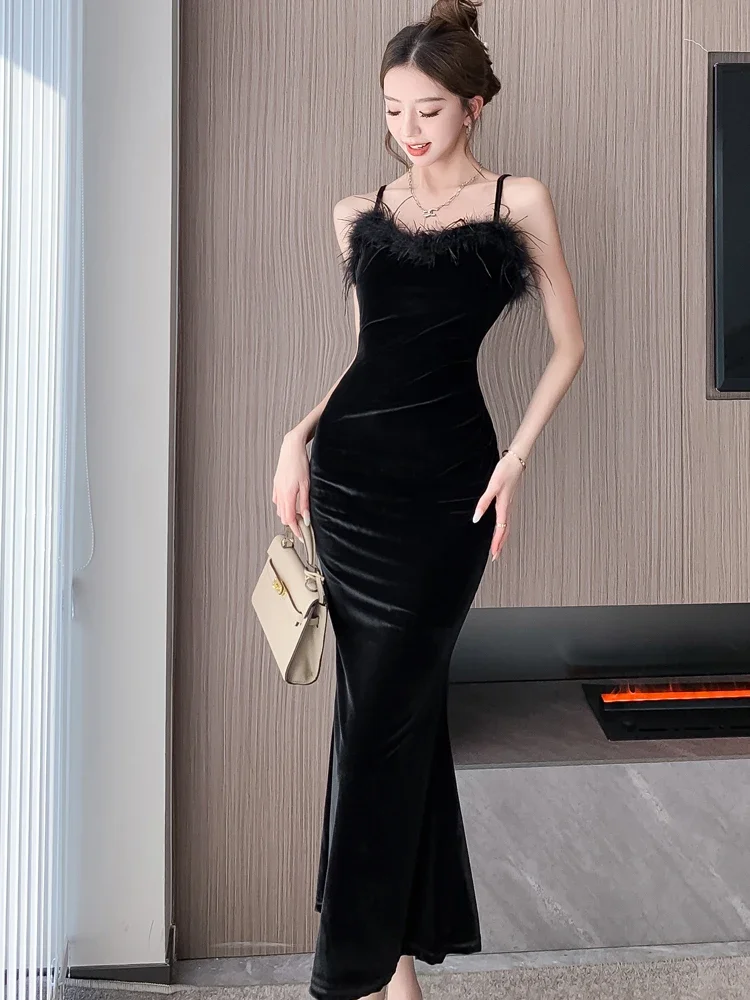 2024 Красное бархатное шикарное сексуальное длинное платье на бретельках с