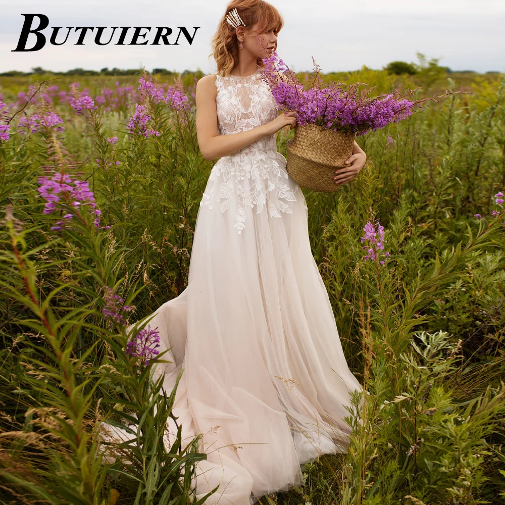 

COZOK Elegant Appliques Wedding Dress O Neck Lace Aline Bridal Gown Back Button With Court Train Robe De Mariée Personalised