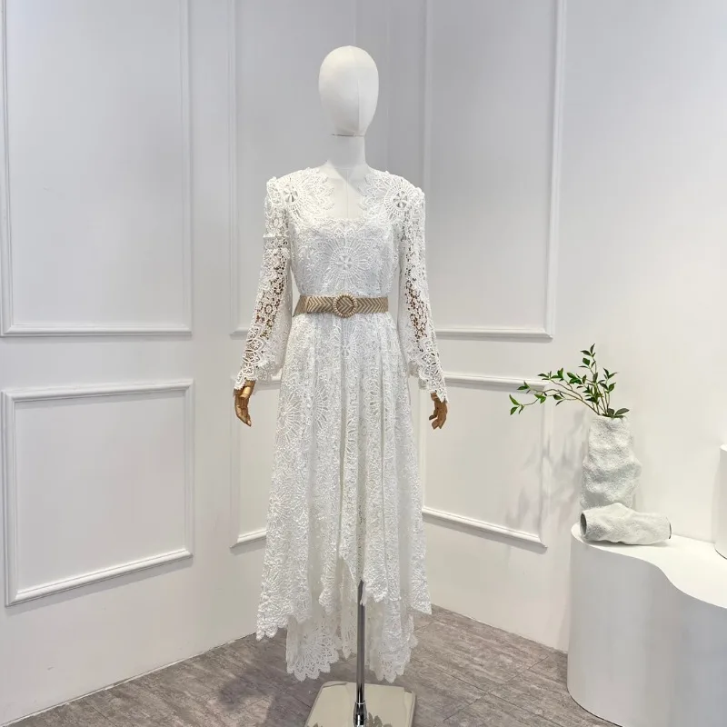 

2023 White New Sping Summer Top Quality Vintage See-through Hook Flower Hollow Belt Irregular Lace Woman Luxury Midi Dress