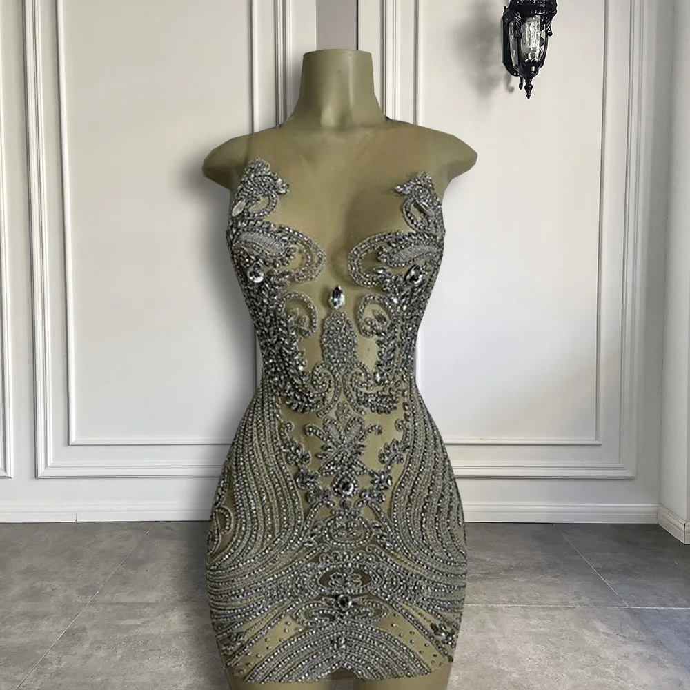 

Real Sample Women Cocktail Dress 2022 Sparkly Heavy Beads Silver Crystals Short Prom Birthday Party Gowns