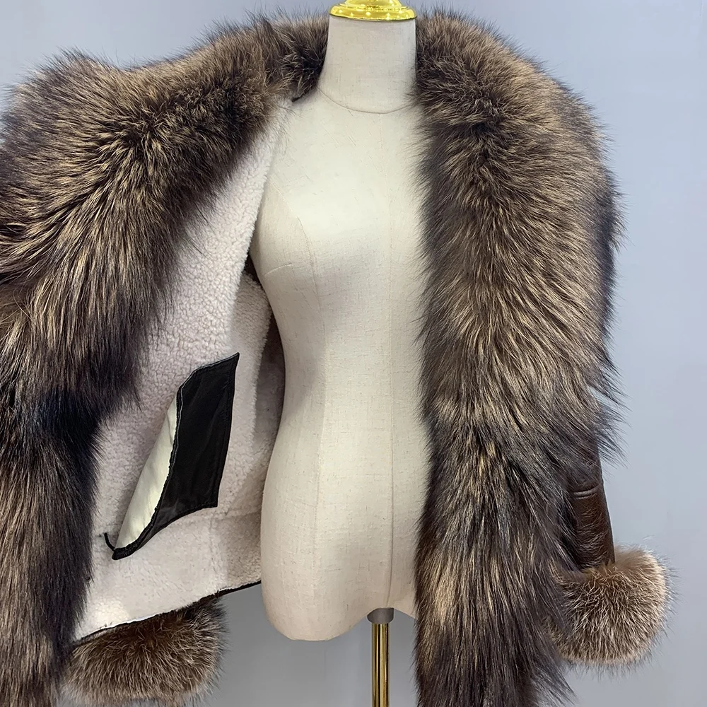 2023 Genuine Sheepskin Leather Jackets Women's Winter Shearling Coats Real Lamb Fur Lining Big Collar Natural Fox Outewear S8611