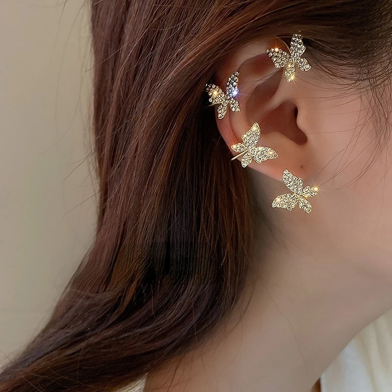 

Gold Silver Color Metal Butterfly Ear Clips Without Piercing For Women Sparkling Zircon Ear Cuff Clip Earrings Wedding Jewelry
